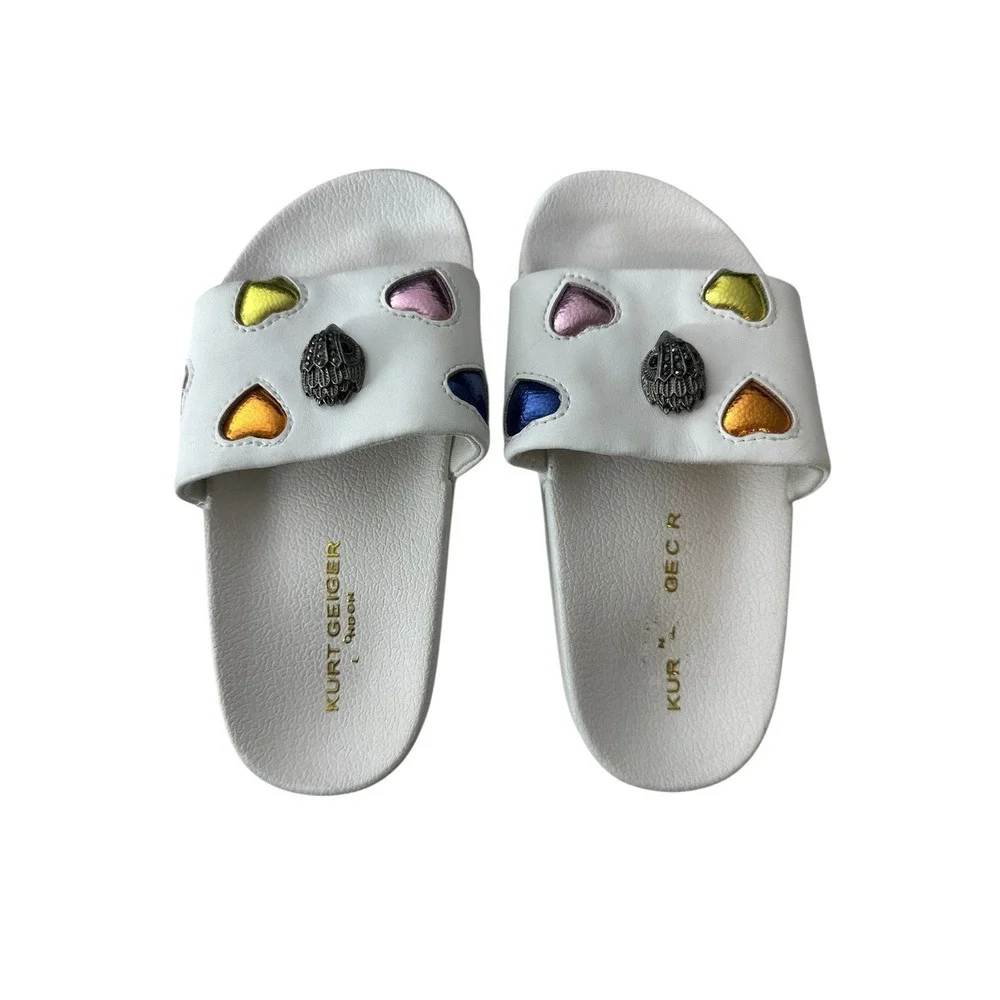Kurt‎ Geiger Girls Sandals Size 12 Metallic Logo White Hearts Kids Designer